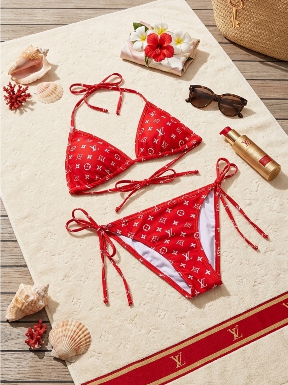 Louis Vuitton Red Monogram Tie-Side Bikini Set